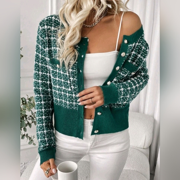 * New Chic Plaid Tweed Knit Cardigan Sweater Dark Green White - Picture 3 of 10